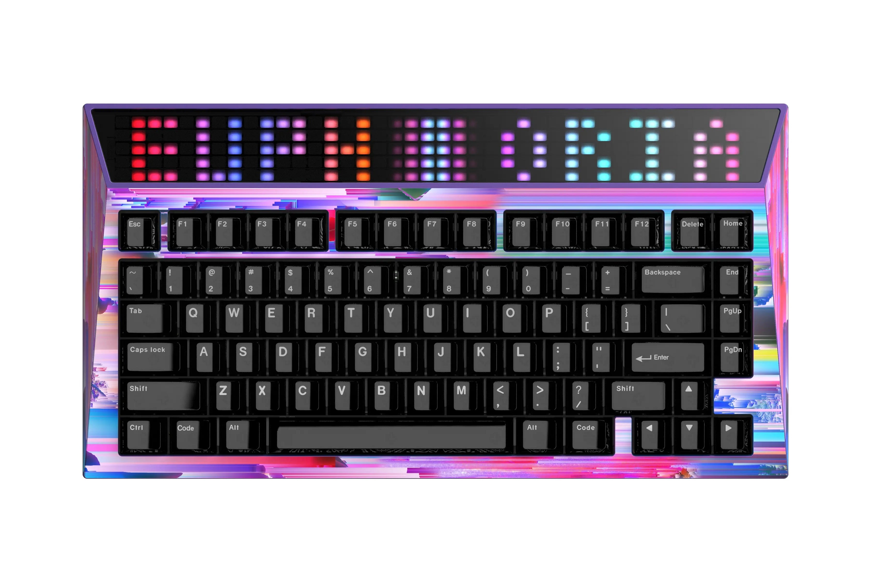 Gaming keyboard with colorful LED backlit keys on a white background